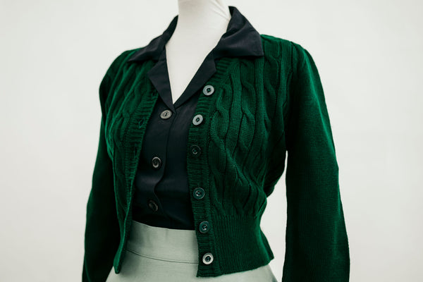 Seamstress of Bloomsbury 1940s Cable Knit Cardigan- Evergreen