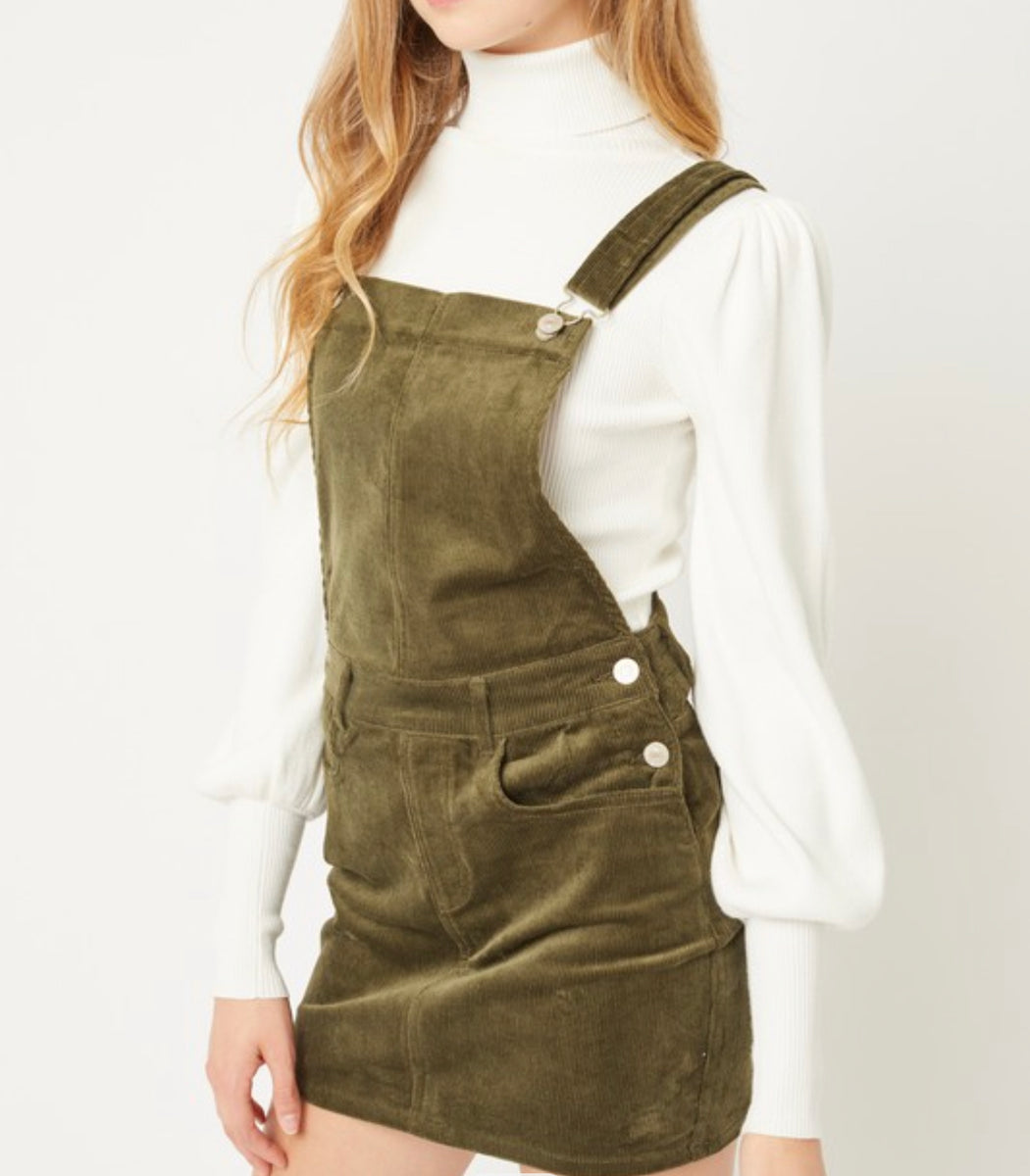 olive green corduroy overall dress Lovskoo Women's Cute Sleeveless Corduroy Overall Dress Jumper Midi Babydoll Tank Dress with Pocket Olive Green