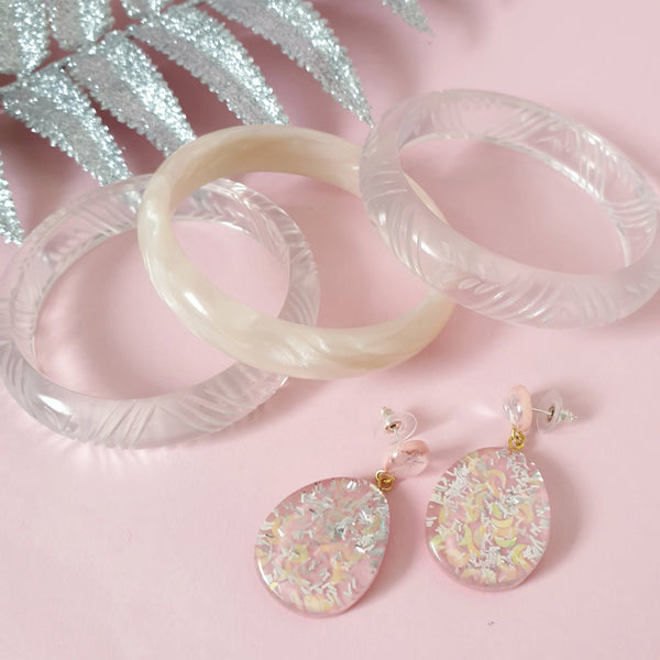 Bow and Crossbones Suzy Tear Drop Confetti Lucite Earrings- Pink