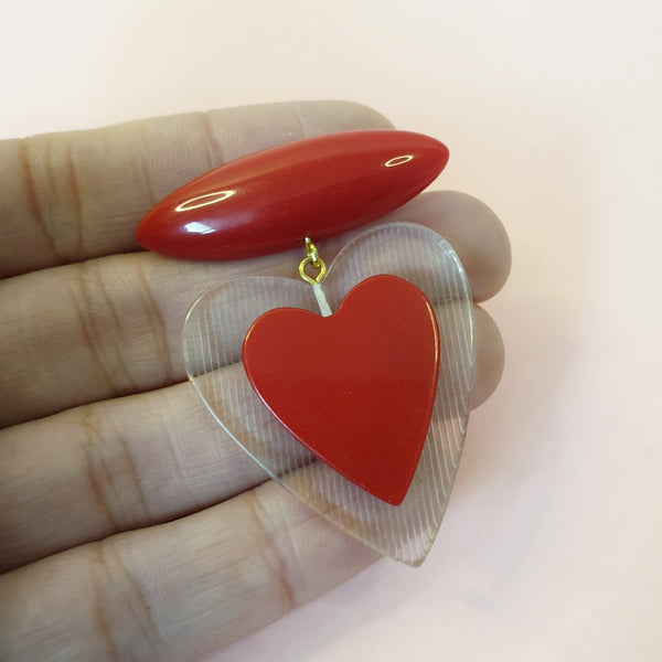 Bow and Crossbones Belinda Bakelite Reproduction Love Heart Brooch - Cherry Red