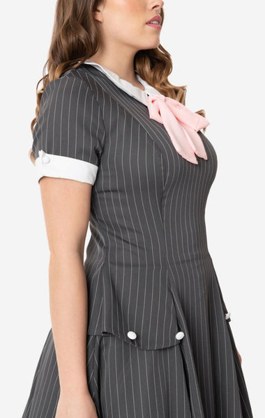 Unique Vintage 1940s Charcoal Pinstripe Manchester Swing Dress
