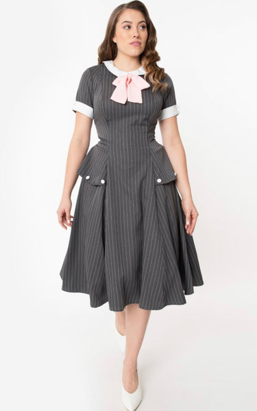 Unique Vintage 1940s Charcoal Pinstripe Manchester Swing Dress