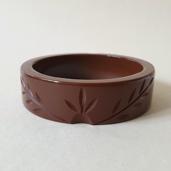 Bow and Crossbones Ivy Vines Carved Bangle- Pecan