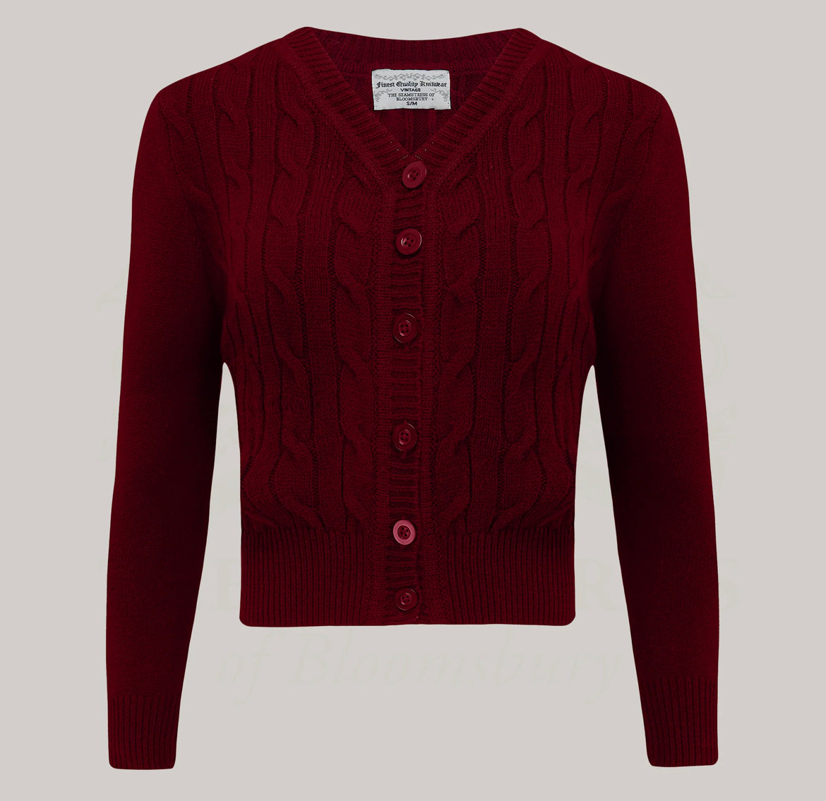 Seamstress of Bloomsbury 1940s Cable Knit Cardigan- Wine