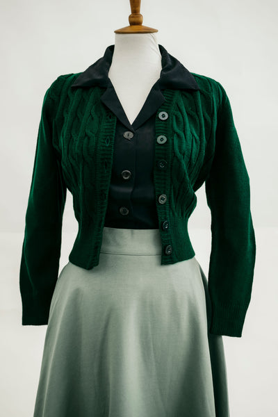 Seamstress of Bloomsbury 1940s Cable Knit Cardigan- Evergreen