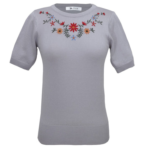 Classic Sweater Top Embroidered- Floral Gray