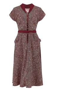 Rock n Romance “Casey” Dress in Ditzy Wine, True Late 40s Early 1950s Vintage Style
