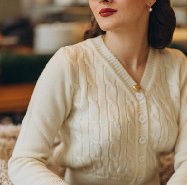 Seamstress of Bloomsbury 1940s Cable Knit Cardigan- Cream