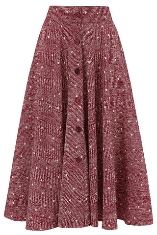 Rock n Romance “Beverly” Button Skirt in Wine Ditzy with Pockets, 1950s Vintage Style
