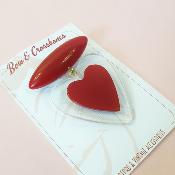 Bow and Crossbones Belinda Bakelite Reproduction Love Heart Brooch - Cherry Red