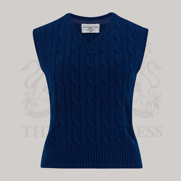 Seamstress of Bloomsbury 1940s Cable Knit Slipover-Navy
