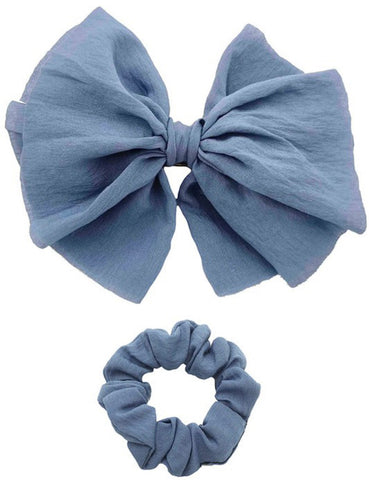 Soft Barrette Bow & Scrunchie- Dusty Blue