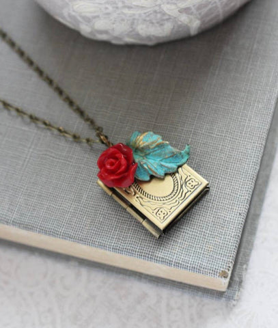 Red Rose Etched Book Locket